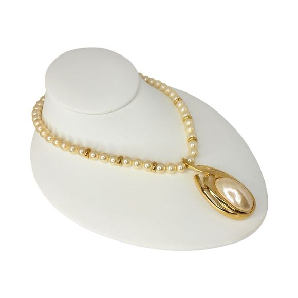 Vintage Napier Faux Pearl Gold Tone Pendant Necklace 24" - Picture 10 of 13